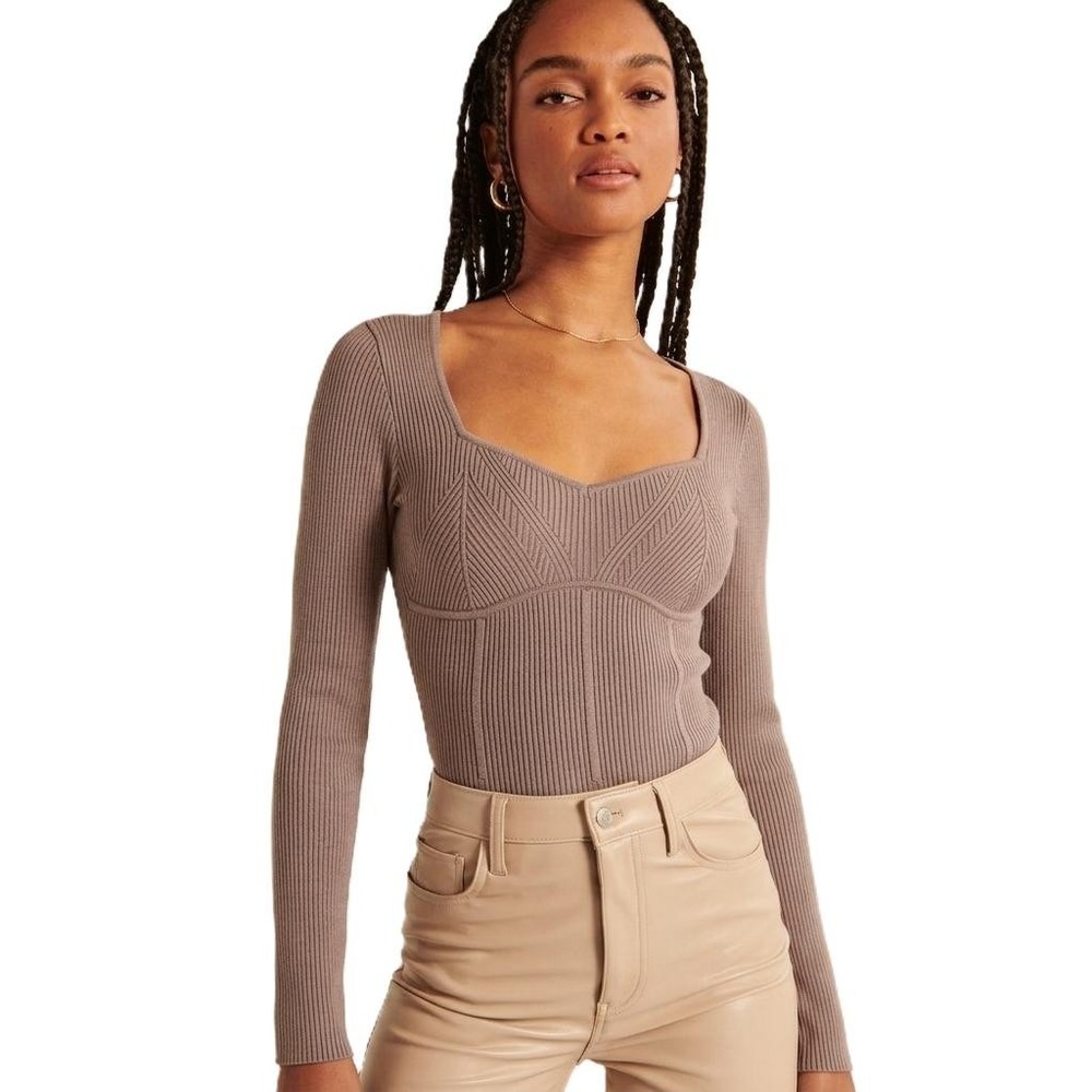 Abercrombie & Fitch Taupe Ribbed Long Sleeve Corset Bodysuit XS Women